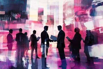 Businesspeople exchange documents in a vibrant city backdrop.  Silhouetted figures convey a sense of collaboration and deal-making
