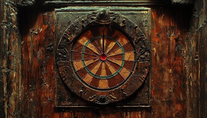 dart embedded in the bullseye, framed by a rustic wooden bar wall, capturing the thrill and accuracy of dart throwing