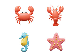 Colorful Collection of Marine Creatures Including Crab Lobster Seahorse and Starfish
