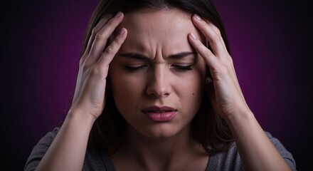 Woman in distress experiencing headaches against a dark background  