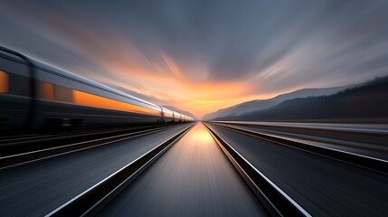 Obraz premium Dramatic Sunrise Over Train Tracks with Motion Blur in Scenic Landscape Viewpoint