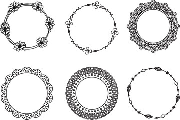 Collection of 6 Decorative Circular Frames with Floral and Ornamental Patterns