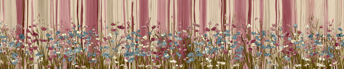 Obraz premium A painting of a field of flowers with a pink and blue background