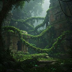 Lost Jungle Ruins: Ancient Structures Entwined with Lush Vines, Creating a Mystical Atmosphere Where Nature Reclaims Its Secrets.