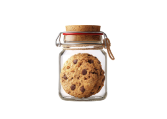 Chocolate chip cookie in a glass jar with a cork lid on a transparent background. Concept of sweets, dessert, and homemade baked goods.
