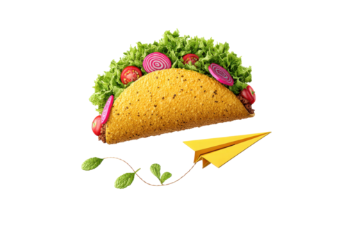 Taco delivery concept. Taco with paper plane on transparent background. Fast food delivery. - Powered by Adobe
