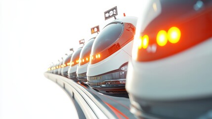 Obraz premium Futuristic High-Speed Trains on Elevated Track with Bright Lights