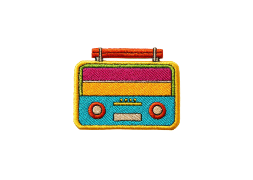 Retro boombox embroidered patch on transparent background. Colorful 80s style radio. - Powered by Adobe