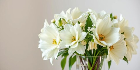 Obraz premium Elegant white floral arrangement in a clear glass vase, clean, white flowers
