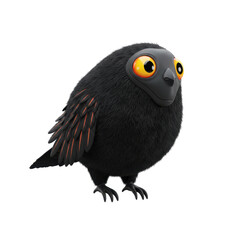 Obraz premium Cute Cartoon Bird Character with Fluffy Black Feathers and Bright Yellow Eyes on Transparent Background