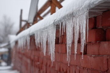 Winter Icicles Hanging from a Brick Wall's Eaves During a Snowfall