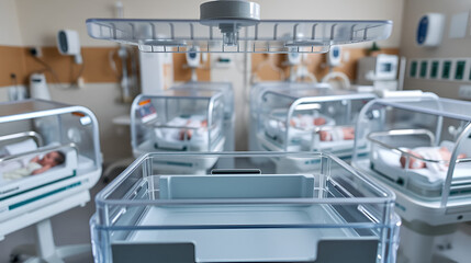 Empty infant incubator in an hospital room. Specially equipped room with newborn babys sleeping in incubators in the Obstetrics and Gynecology Hospital