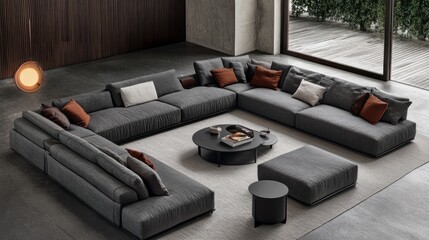 Fototapeta premium Modern sectional sofa arrangement in a contemporary living room.