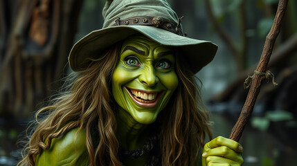 Smiling Green Swamp Witch, Lady of the Bog with Happy Expression