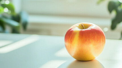 Fresh red apple on a clean desk with soft lighting.