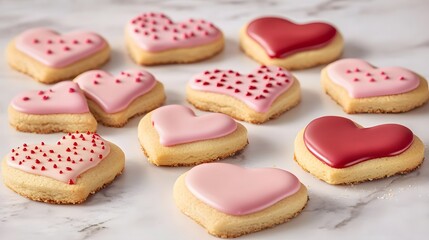 Heart-shaped cookies decorated with pink and red icing arranged on a table