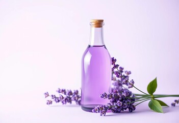 Lavender glass bottle, minimalist pastel design, soft background , oil, still life