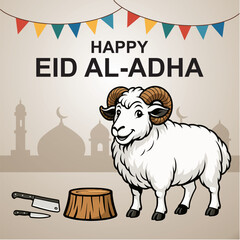  Eid Al Adha 2025 Vector Illustration with Ram Butcher Block and Knives