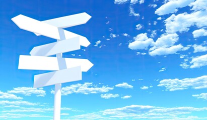 Blank signpost against a vibrant blue sky, suggesting choices and directions