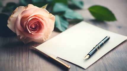Love letter written on elegant stationery with a pen and a rose beside it