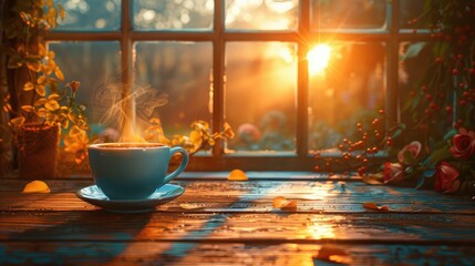 High-detail illustration of a steaming cup of coffee on a wooden table by a window