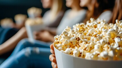 Friends gathered for a movie night sharing popcorn and laughs