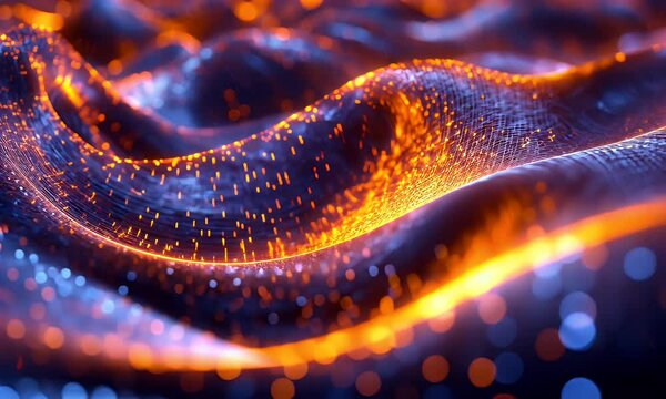 A close-up of glowing orange and blue waves on a dark background, with light particles in the air. The waves form an abstract pattern that resembles flowing fabric or liquid, creating intricate patter