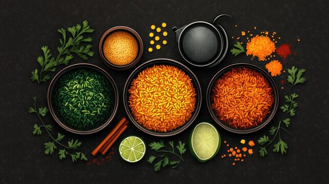 Colorful array of Indian rice dishes with spices and herbs