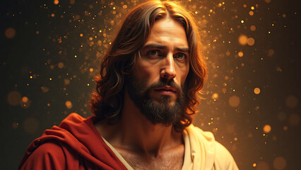 Portrait of Jesus Christ with Dramatic Lighting, Detailed Expression, and Heavenly Glow in Renaissance Oil Painting Style , Easter