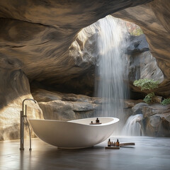 elegant tub beside a waterfall cave opening in a private nature retreat.