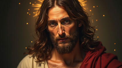 Portrait of Jesus Christ with Dramatic Lighting, Detailed Expression, and Heavenly Glow in Renaissance Oil Painting Style , Easter