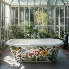 ceramic tub with hand-painted botanical patterns, in a greenhouse bathroom.