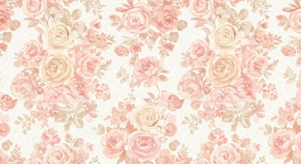 Floral pattern with peach and cream roses on a white background.