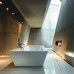 sleek white tub with sharp architectural angles in a brutalist-style bathroom.