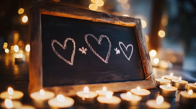 Romantic handwritten message on a chalkboard surrounded by small candles