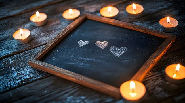 Romantic handwritten message on a chalkboard surrounded by small candles