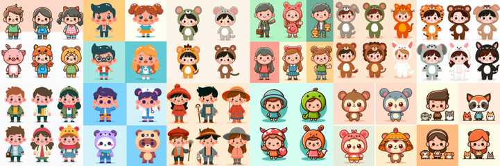 collection of cute cartoon character in animal costume