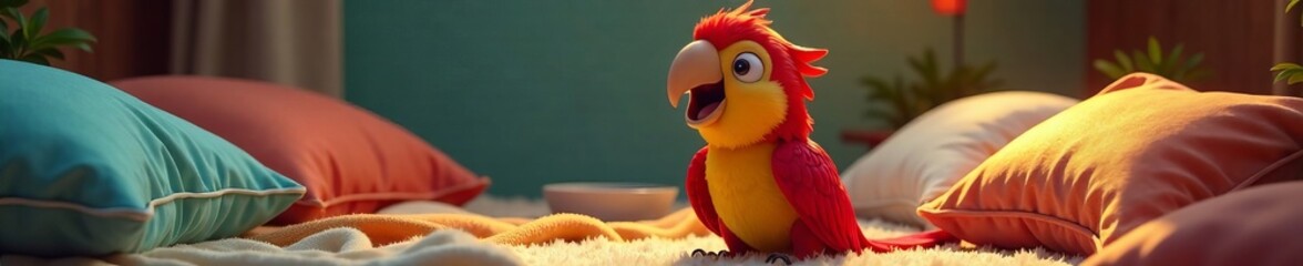 Naklejka premium A vibrant parrot surrounded by colorful cushions in a cozy environment.