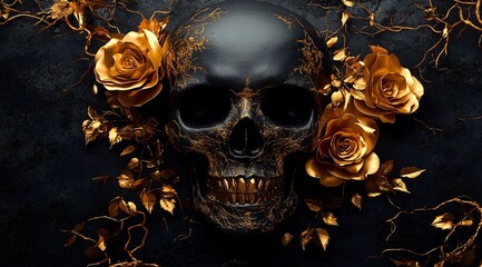 A luxurious matte black skull with golden cracks and roses, perfect for Halloween decor, gothic art displays, or elegant themed events with an Art Deco style.