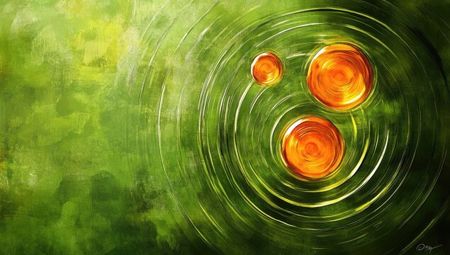 Abstract art depicting three vibrant orange orbs nestled within concentric ripples on a serene green backdrop
