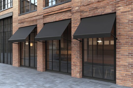 Three storefront windows with black awnings on a red brick building