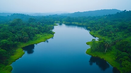 Naklejka premium Aerial View of Rainforest and Lake with Island, Aerial view of a lush green rainforest surrounding a tranquil blue lake