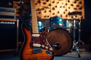 Naklejka premium Electric Guitar in Recording Studio with Drum Set
