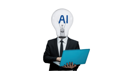 Person with a lightbulb head labeled AI holding a blue laptop, surreal collage style, white background, concept of artificial intelligence and creativity