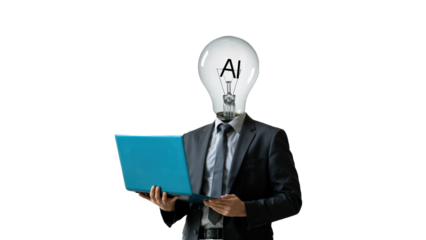 Person with a lightbulb head labeled AI holding a blue laptop, surreal collage style, white background, concept of artificial intelligence and creativity