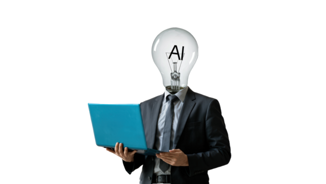 Person with a lightbulb head labeled AI holding a blue laptop, surreal collage style, white background, concept of artificial intelligence and creativity