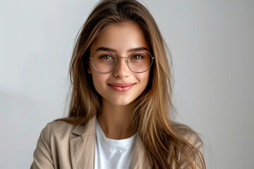 Obraz premium Smiling Caucasian Woman with Glasses and Long Brown Hair wearing Beige Jacket