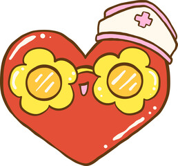 Cute Summer Heart Nurse Character in Flower Sunglasses Hand Drawn