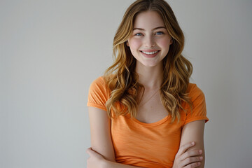 Obraz premium Smiling Caucasian Woman with Wavy Blonde Hair in Orange Shirt Crossed Arms