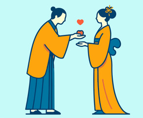 Chinese cartoon couple falling love